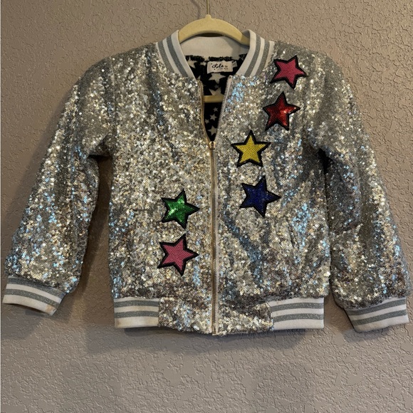 Lola + The Boys Silver Sequin Jacket with Multicolor Stars - Picture 1 of 9